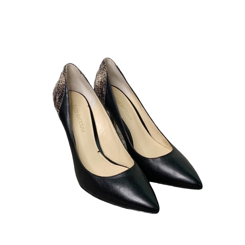 Enzo Angiolini Black Leather Point Toe Pumps Snake Print Heels Size 8.5